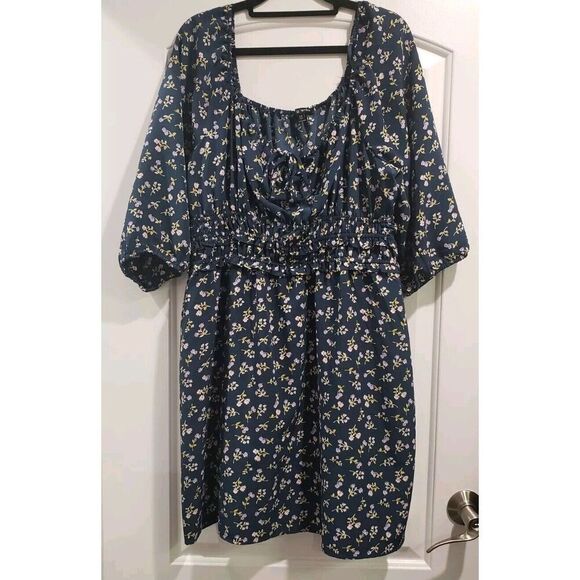 As U Wish 3/4 Sleeve Babydoll Dress‎ Smocked Waist Navy Blue W/pink Flowers 2X - Picture 1 of 7